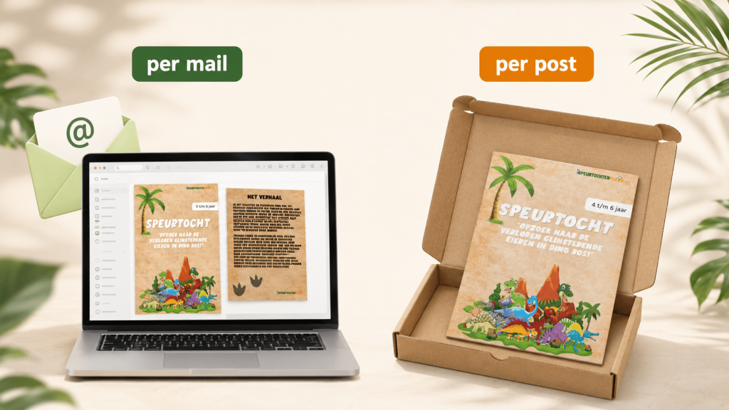 Links de speurtocht per mail, klaar om zelf te printen. Rechts het pakket per post, compleet in de doos.