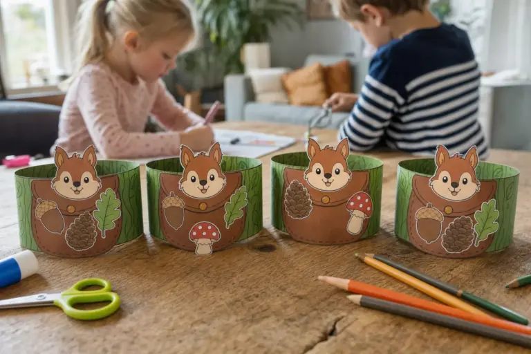 Geknutselde bosverzamelband om een arm met voorraadzakje, eikel en eekhoornkopje