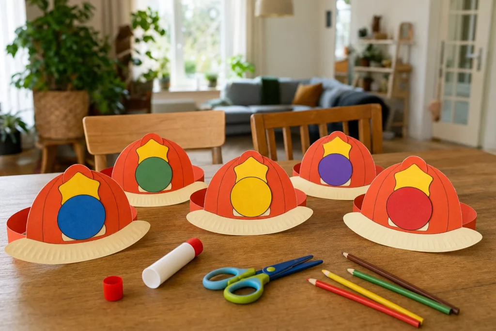 Zelfgemaakte brandweerhelm van papieren bordje met embleem en lampje