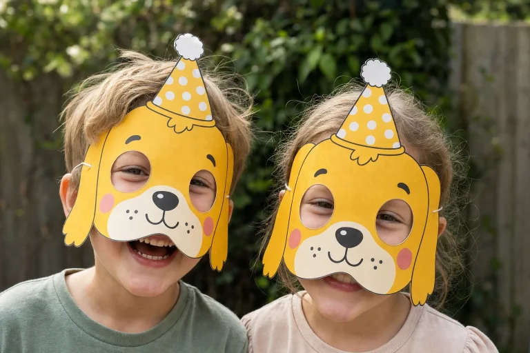 Twee kinderen met vrolijke hondenmaskers met flaporen en klein feestmutsje