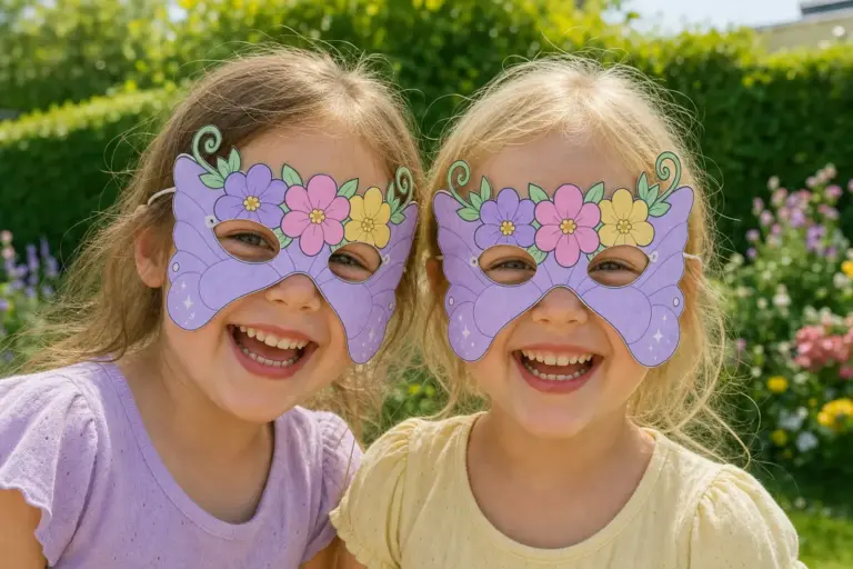 Twee kinderen met paarse feeënmaskers met bloemen op het hoofd