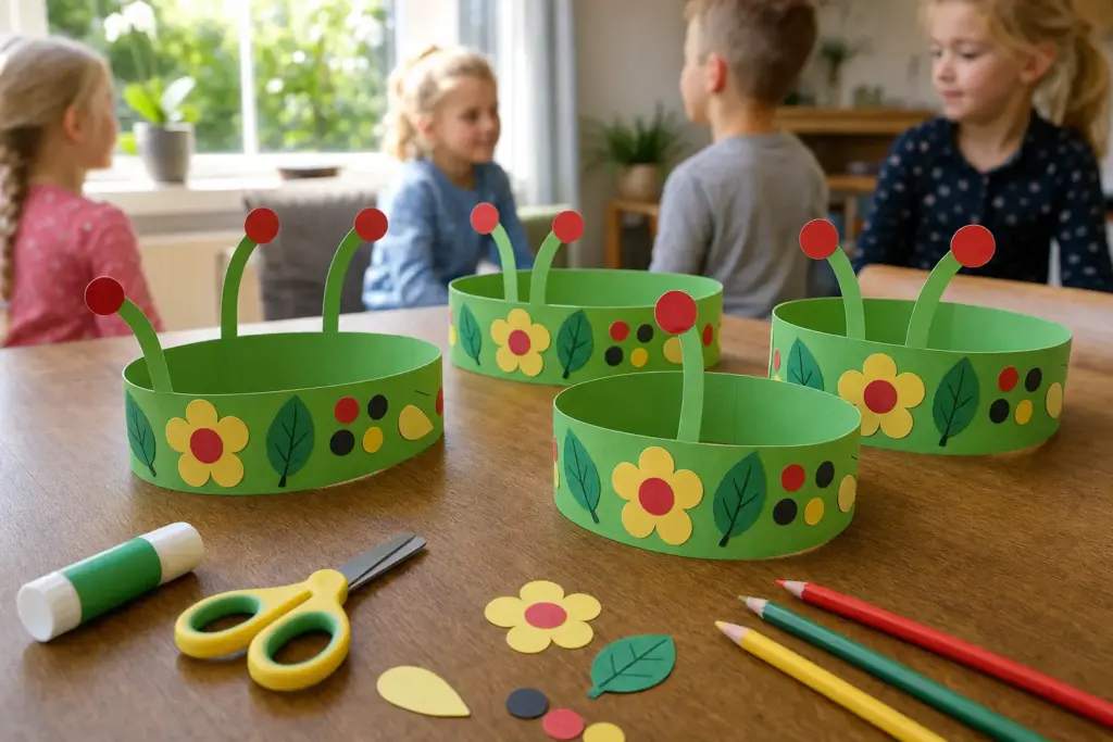 Zelfgemaakte voelsprietenband van papier met stippen en bloemetjes