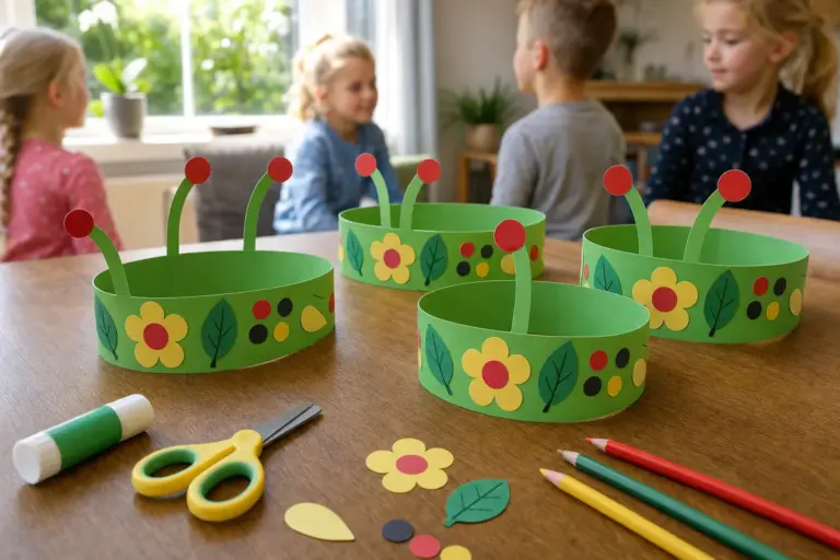 Zelfgemaakte voelsprietenband van papier met stippen en bloemetjes