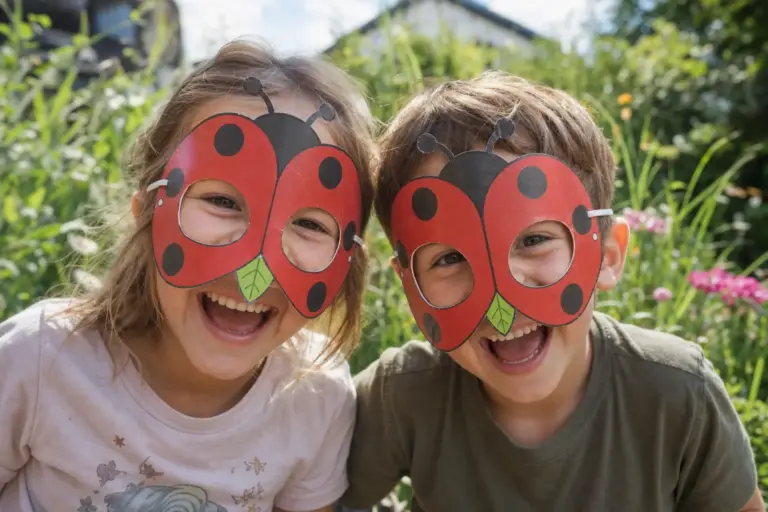 Twee kinderen met rode lieveheersbeestjesmaskers en voelsprietenbanden op