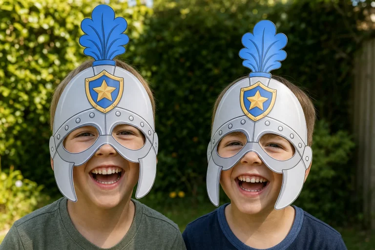 Twee kinderen met zelfgemaakte ridderhelmmaskers met blauwe pluim