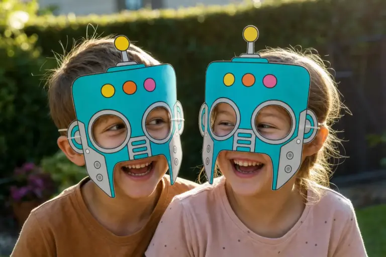 Kinderen met turkooizen robotmaskers met antenne en lampjes