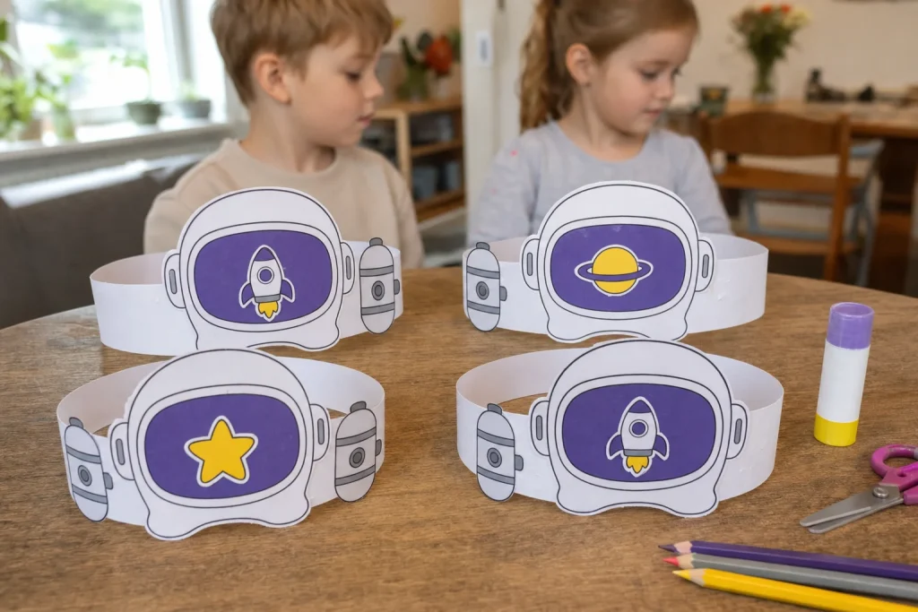 Zelfgemaakte papieren astronautenhelm met vizier, zuurstoftanks en sterretje