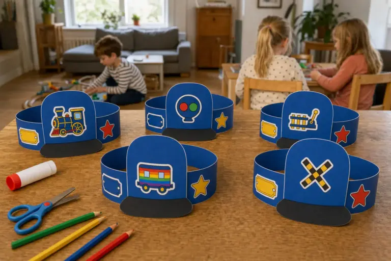 Zelfgemaakte conducteurspet van papier met blauwe petvorm en treinembleem