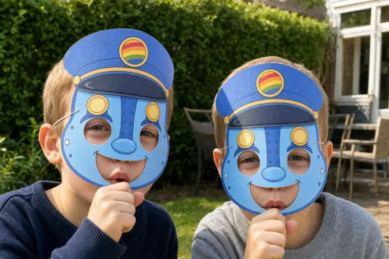 Kinderen met vrolijk treinmasker en donkerblauwe conducteurspet op
