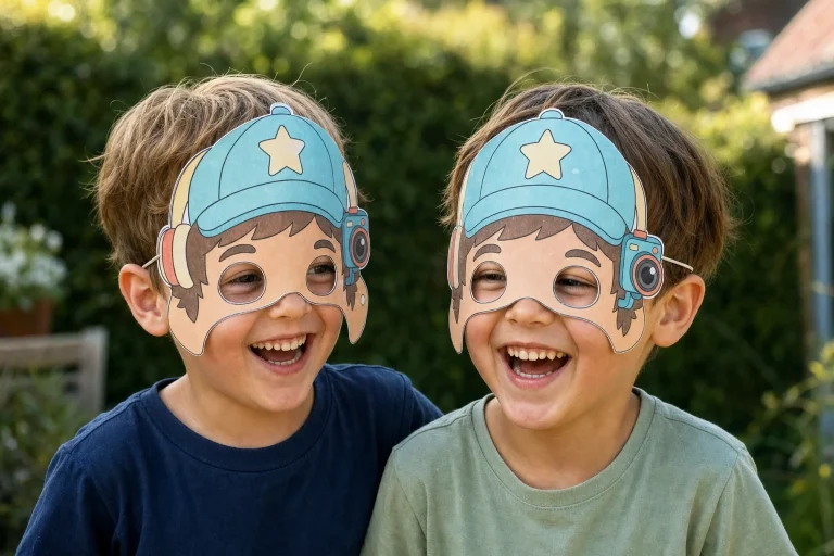 Kinderen dragen turkooise vlogpet-maskers met koptelefoon en klein cameraatje