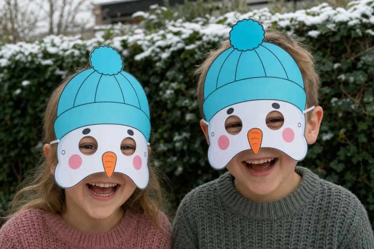 Kinderen dragen zelfgemaakte sneeuwpopmaskers met turkooise muts en wortelneus