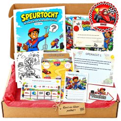 Complete Autorace Speurtocht voor een kinderfeestje met voorblad, opdrachtkaarten, uitnodigingen, diploma en kleurplaat