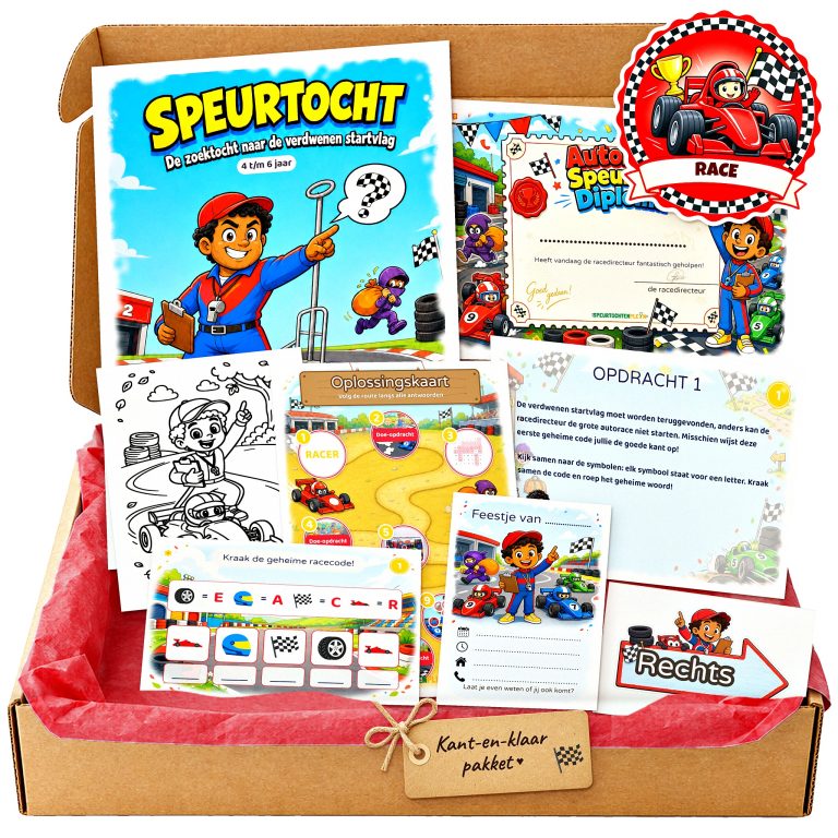 Complete Autorace Speurtocht voor een kinderfeestje met voorblad, opdrachtkaarten, uitnodigingen, diploma en kleurplaat