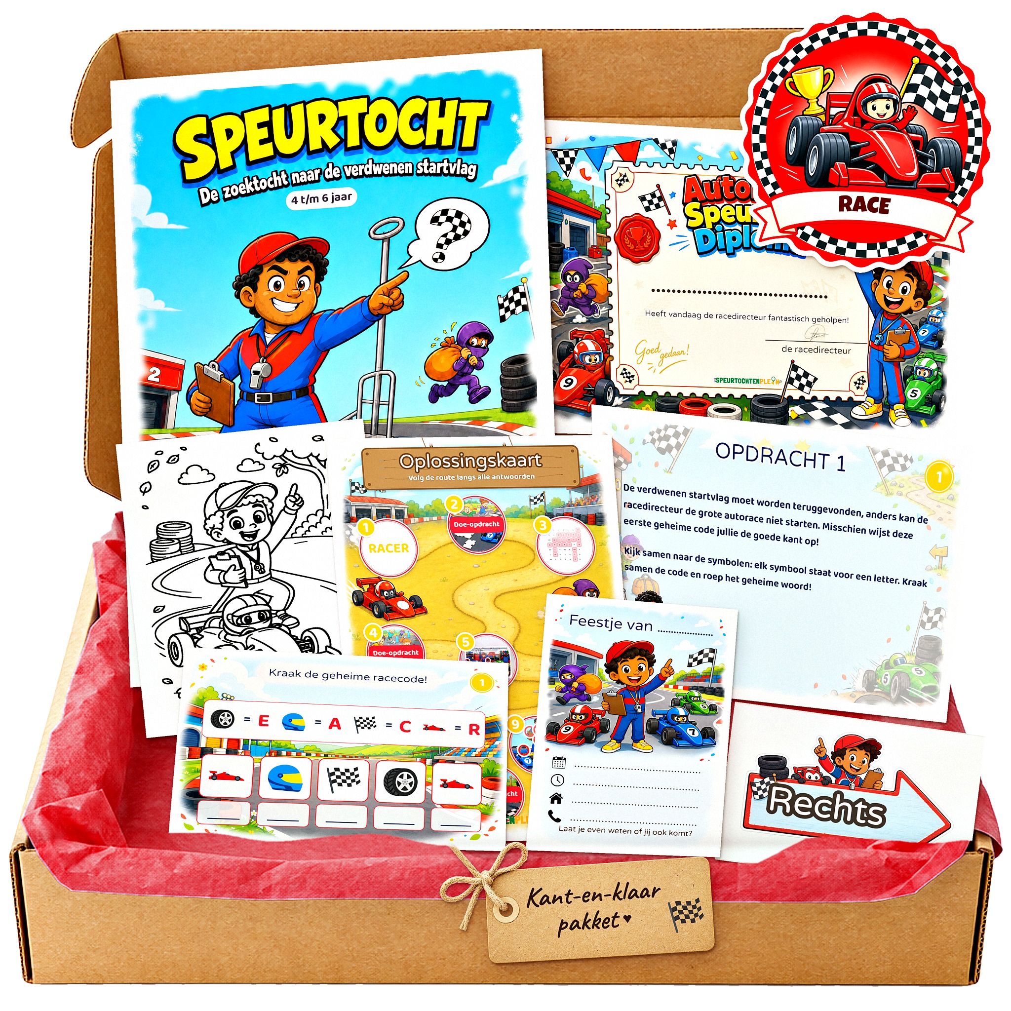 Complete Autorace Speurtocht voor een kinderfeestje met voorblad, opdrachtkaarten, uitnodigingen, diploma en kleurplaat