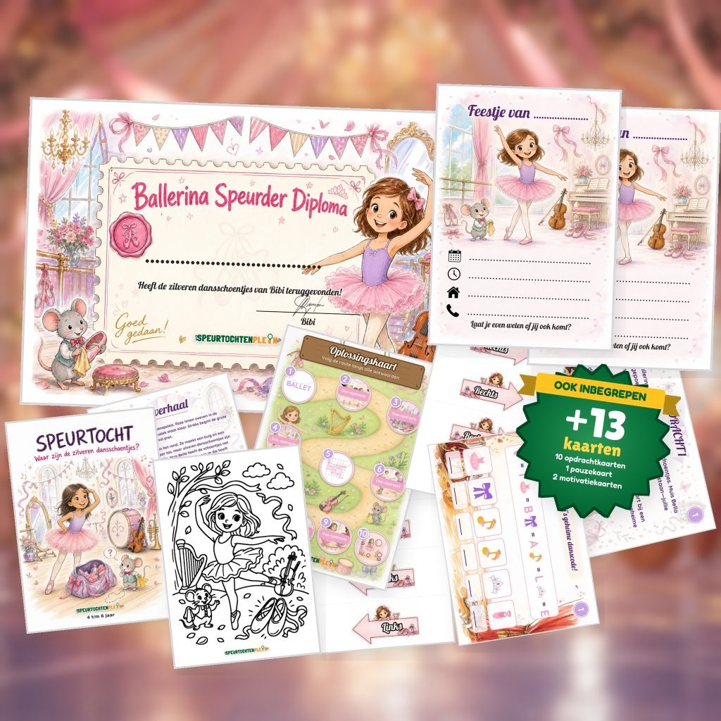 Complete Ballerina Speurtocht voor een kinderfeestje met voorblad, opdrachtkaarten, uitnodigingen, diploma en kleurplaat