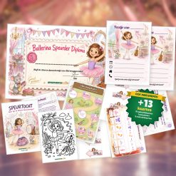 Complete Ballerina Speurtocht voor een kinderfeestje met voorblad, opdrachtkaarten, uitnodigingen, diploma en kleurplaat