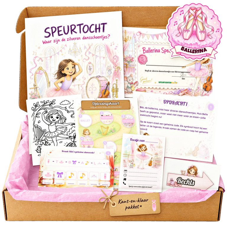 Complete Ballerina Speurtocht voor een kinderfeestje met voorblad, opdrachtkaarten, uitnodigingen, diploma en kleurplaat