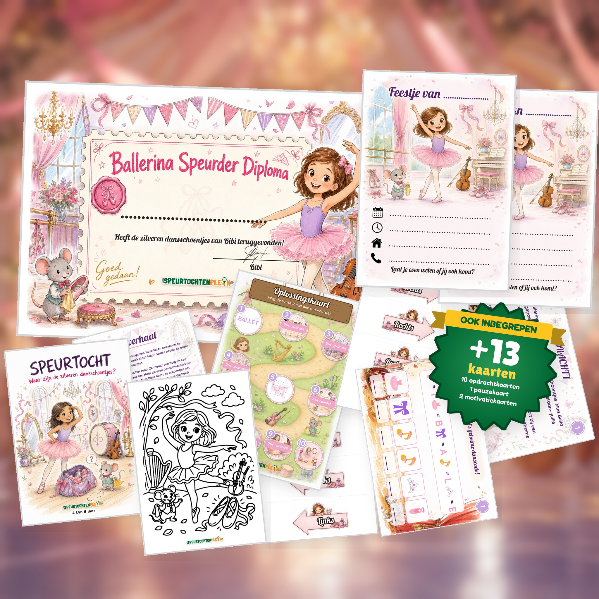 Complete Ballerina Speurtocht voor een kinderfeestje met voorblad, opdrachtkaarten, uitnodigingen, diploma en kleurplaat