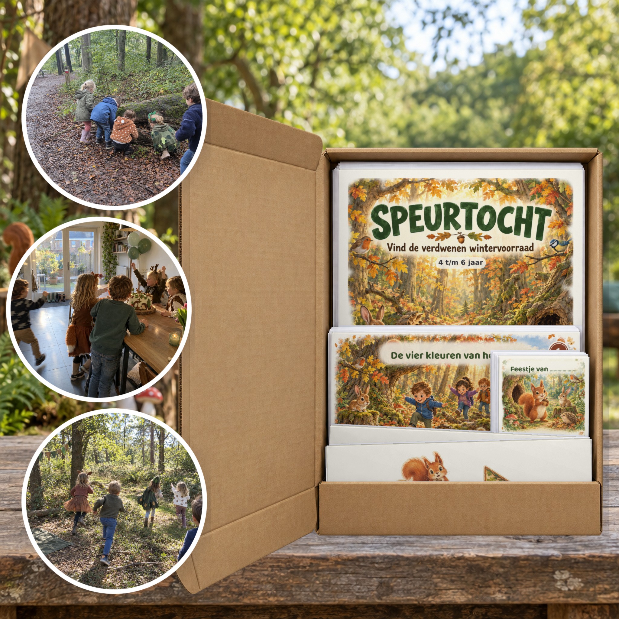 bos Speurtocht als brievenbuspakket, met foto's van kinderen op speurtocht