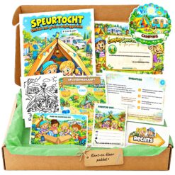 Complete camping Speurtocht voor een kinderfeestje met voorblad, opdrachtkaarten, uitnodigingen, diploma en kleurplaat