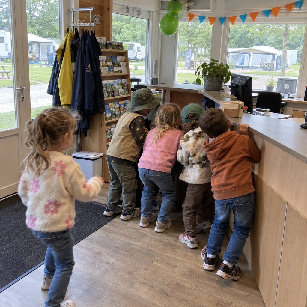 Kinderen zoeken samen naar aanwijzingen bij de camping Speurtocht