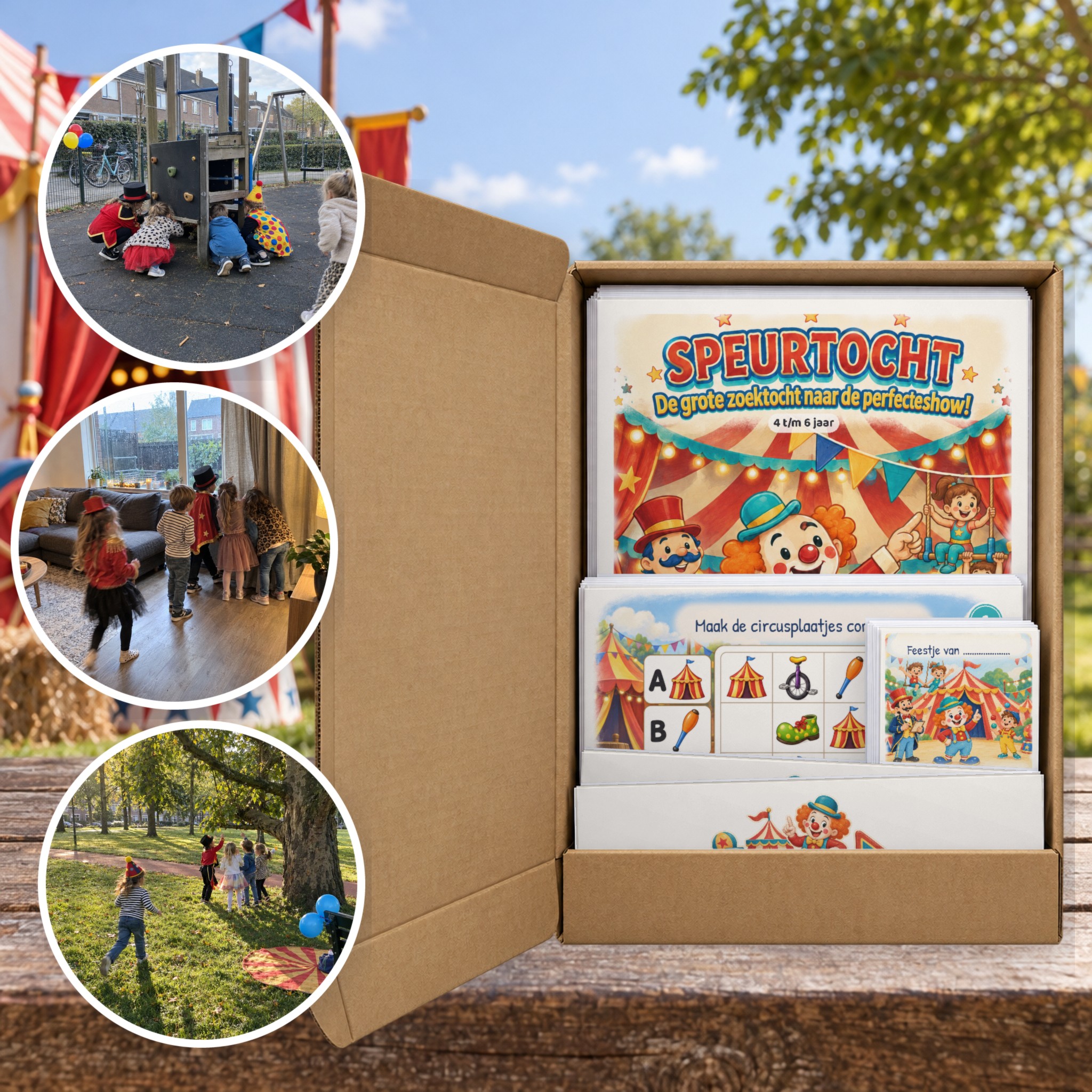 Circus Speurtocht als brievenbuspakket, met foto's van kinderen op speurtocht