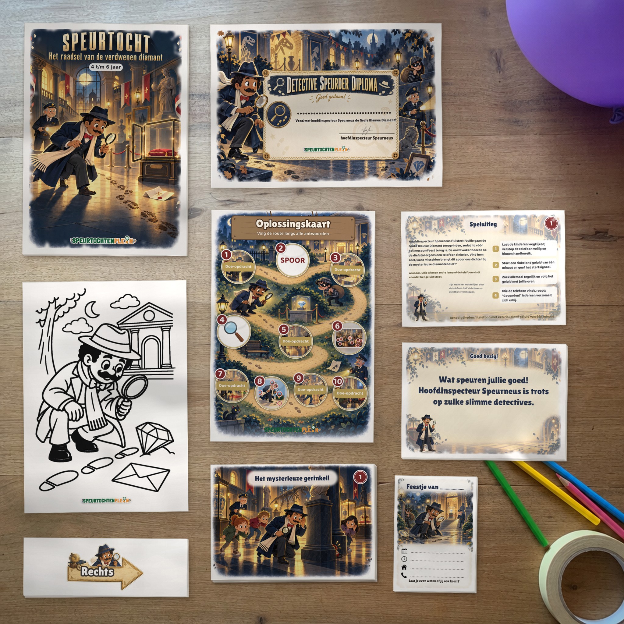 Alle onderdelen van de Detective Speurtocht op tafel: voorblad, diploma, oplossingskaart, kleurplaat, opdrachtkaarten, speluitleg, uitnodigingen en pijlen