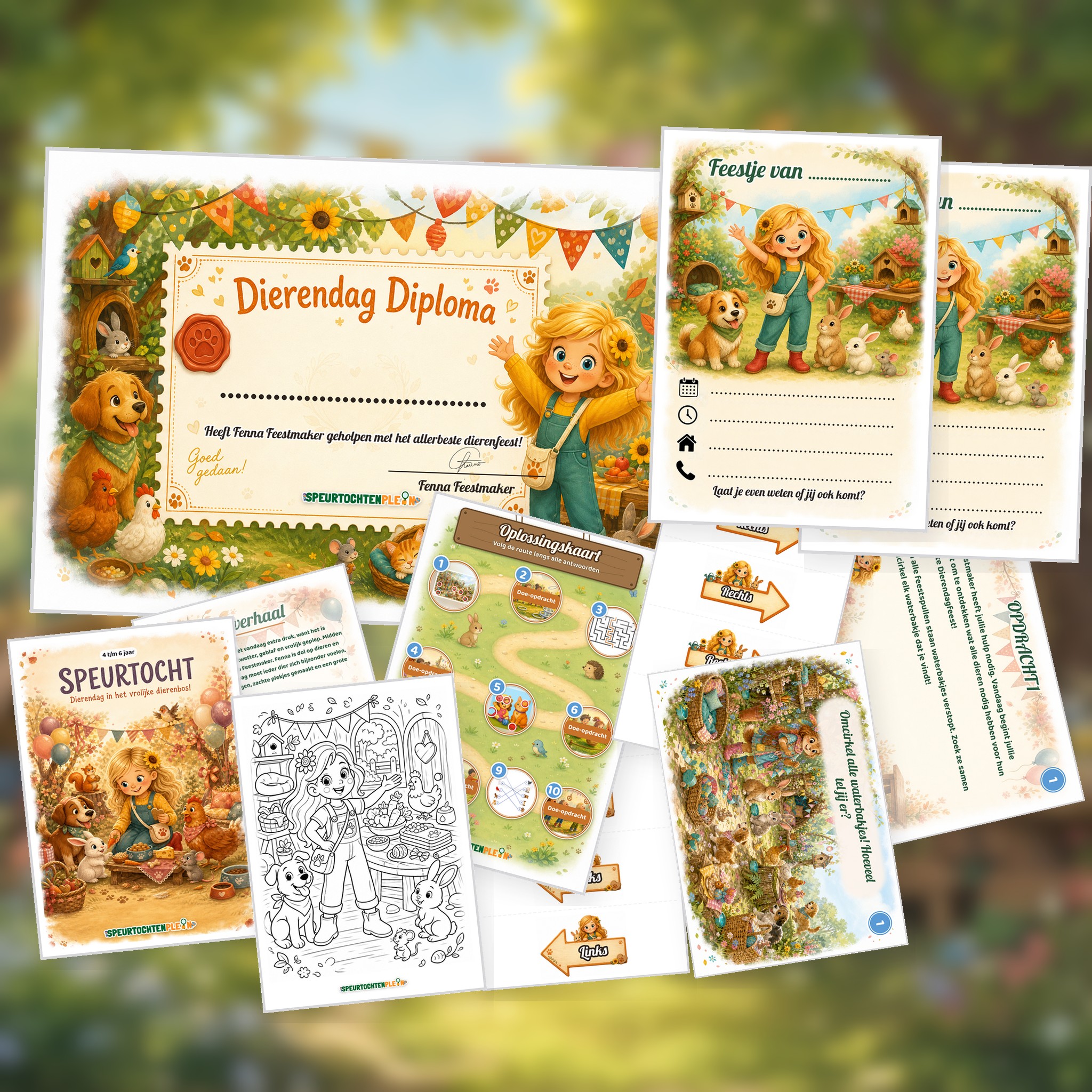 Overzicht van de Dierendag Speurtocht met voorblad, verhaal, opdrachtkaart, speluitleg, uitnodigingen, oplossingskaart, kleurplaat, pijlen en diploma