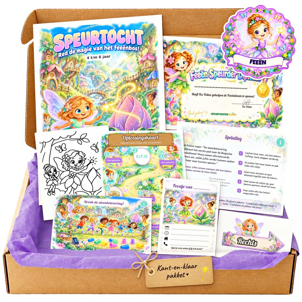 Complete Feeën Speurtocht voor een kinderfeestje met voorblad, opdrachtkaarten, uitnodigingen, diploma en kleurplaat