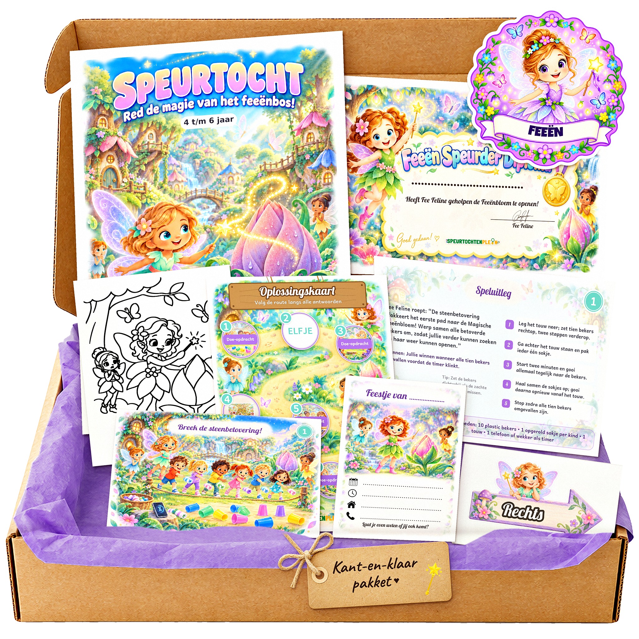 Complete Feeën Speurtocht voor een kinderfeestje met voorblad, opdrachtkaarten, uitnodigingen, diploma en kleurplaat