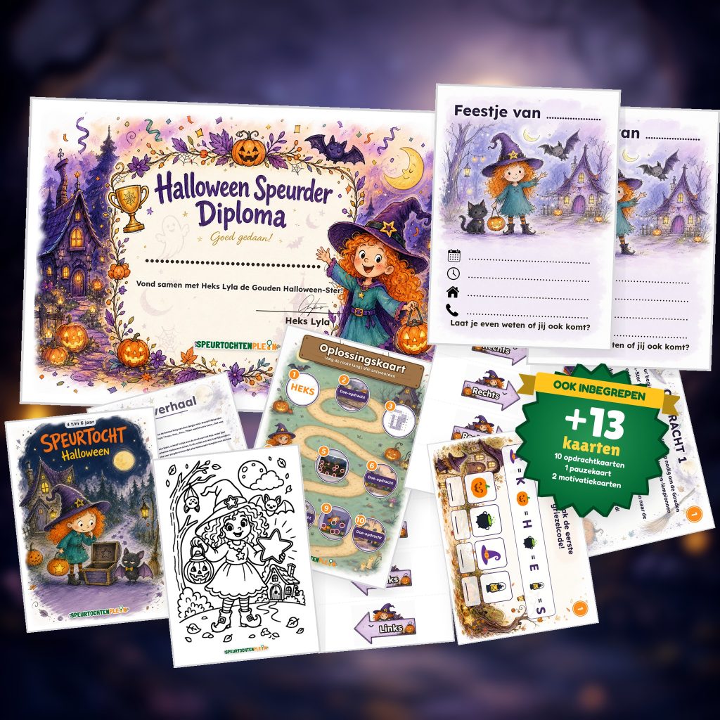 Complete Halloween Speurtocht voor een kinderfeestje met voorblad, opdrachtkaarten, uitnodigingen, diploma en kleurplaat