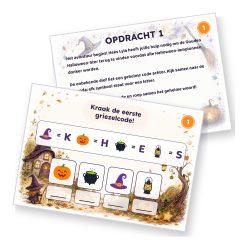Voorbeeld van een opdrachtkaart met speluitleg uit de Halloween Speurtocht