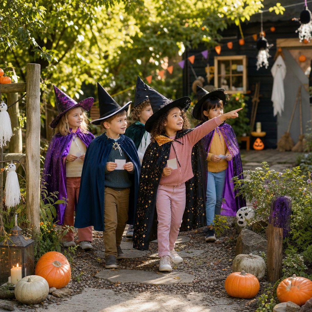 Kinderen op speurtocht tijdens een Halloween Speurtocht kinderfeestje