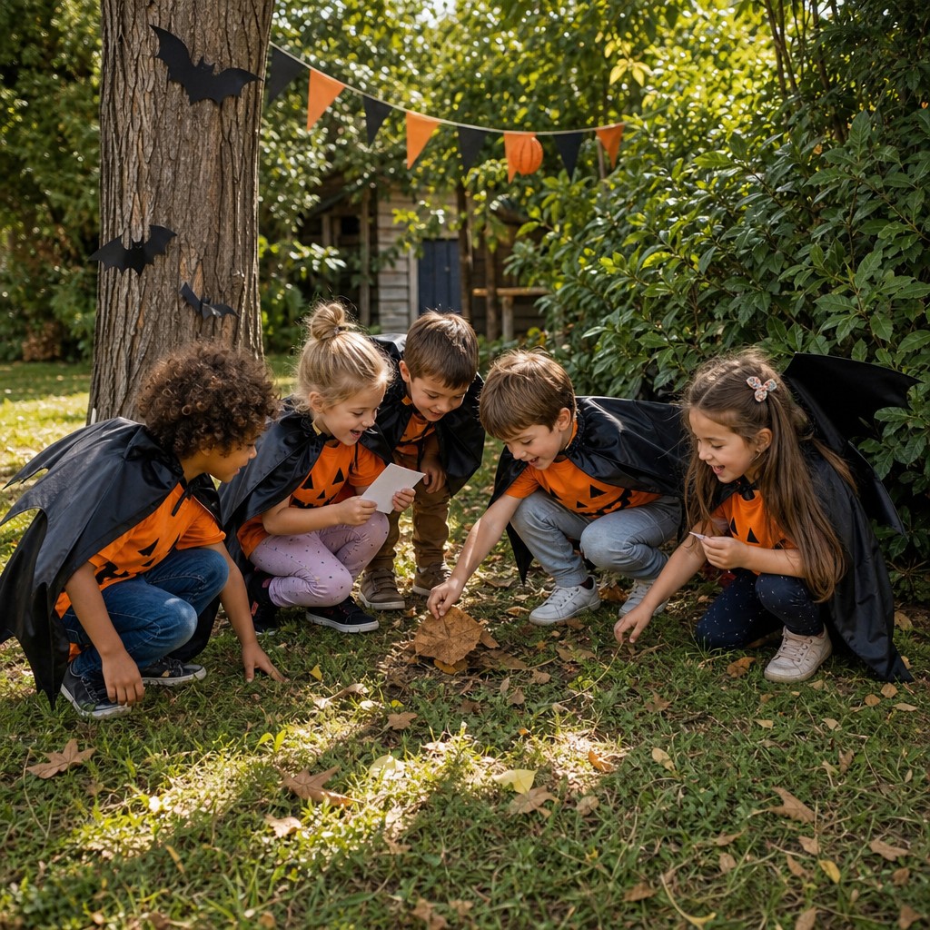 Kinderen zoeken samen naar aanwijzingen bij de Halloween Speurtocht