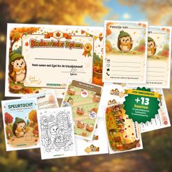 Complete herfst Speurtocht voor een kinderfeestje met voorblad, opdrachtkaarten, uitnodigingen, diploma en kleurplaat