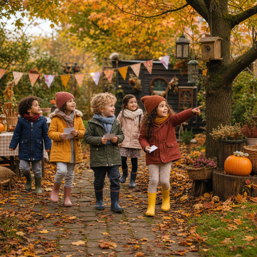 Kinderen op speurtocht tijdens een herfst Speurtocht kinderfeestje