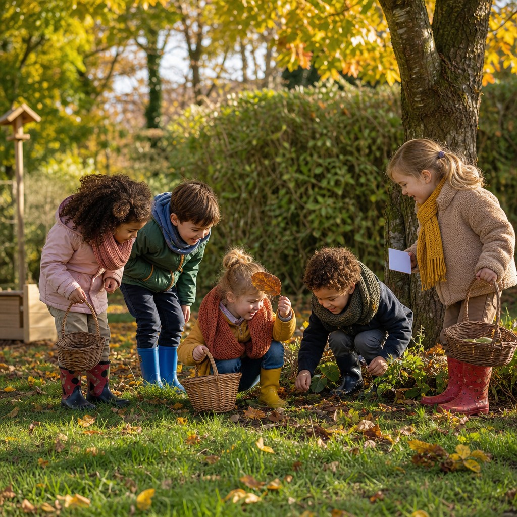 Kinderen zoeken samen naar aanwijzingen bij de herfst Speurtocht