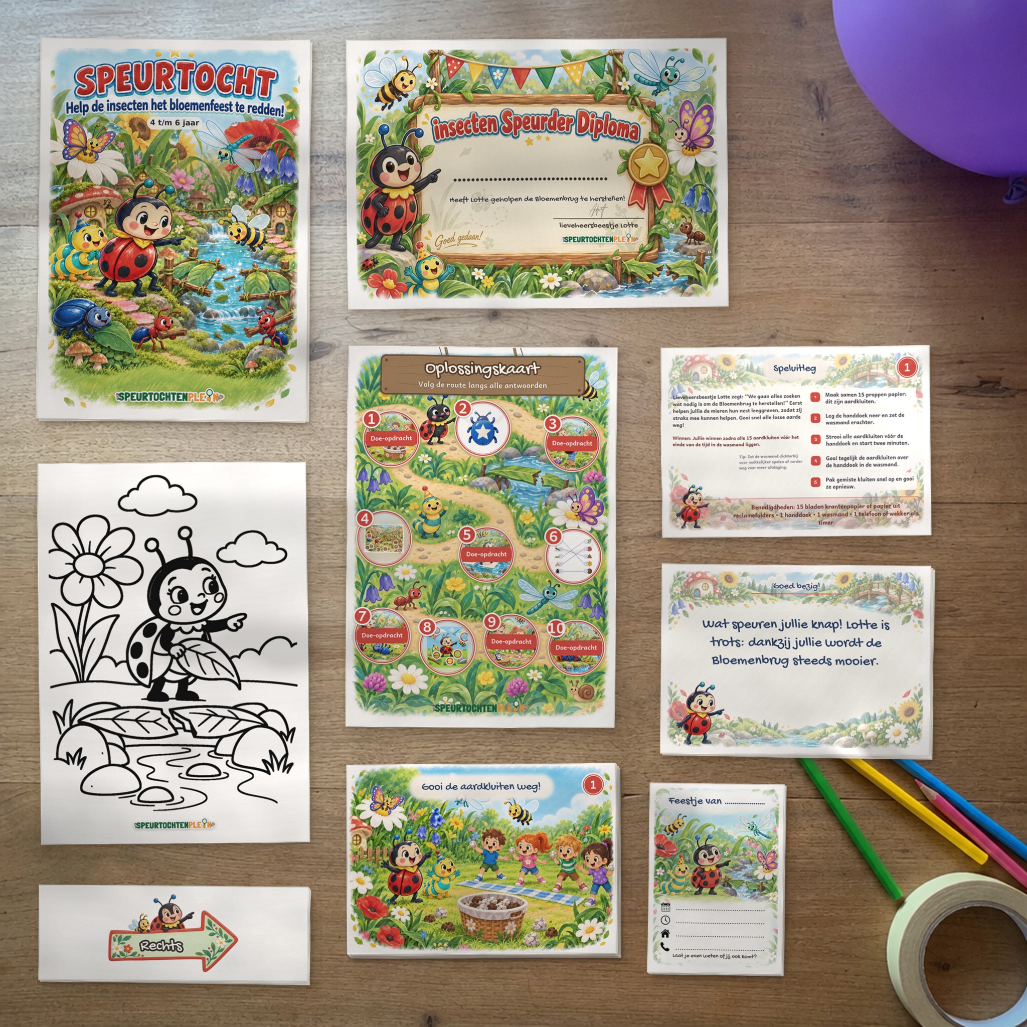 Alle onderdelen van de insecten Speurtocht op tafel: voorblad, diploma, oplossingskaart, kleurplaat, opdrachtkaarten, speluitleg, uitnodigingen en pijlen