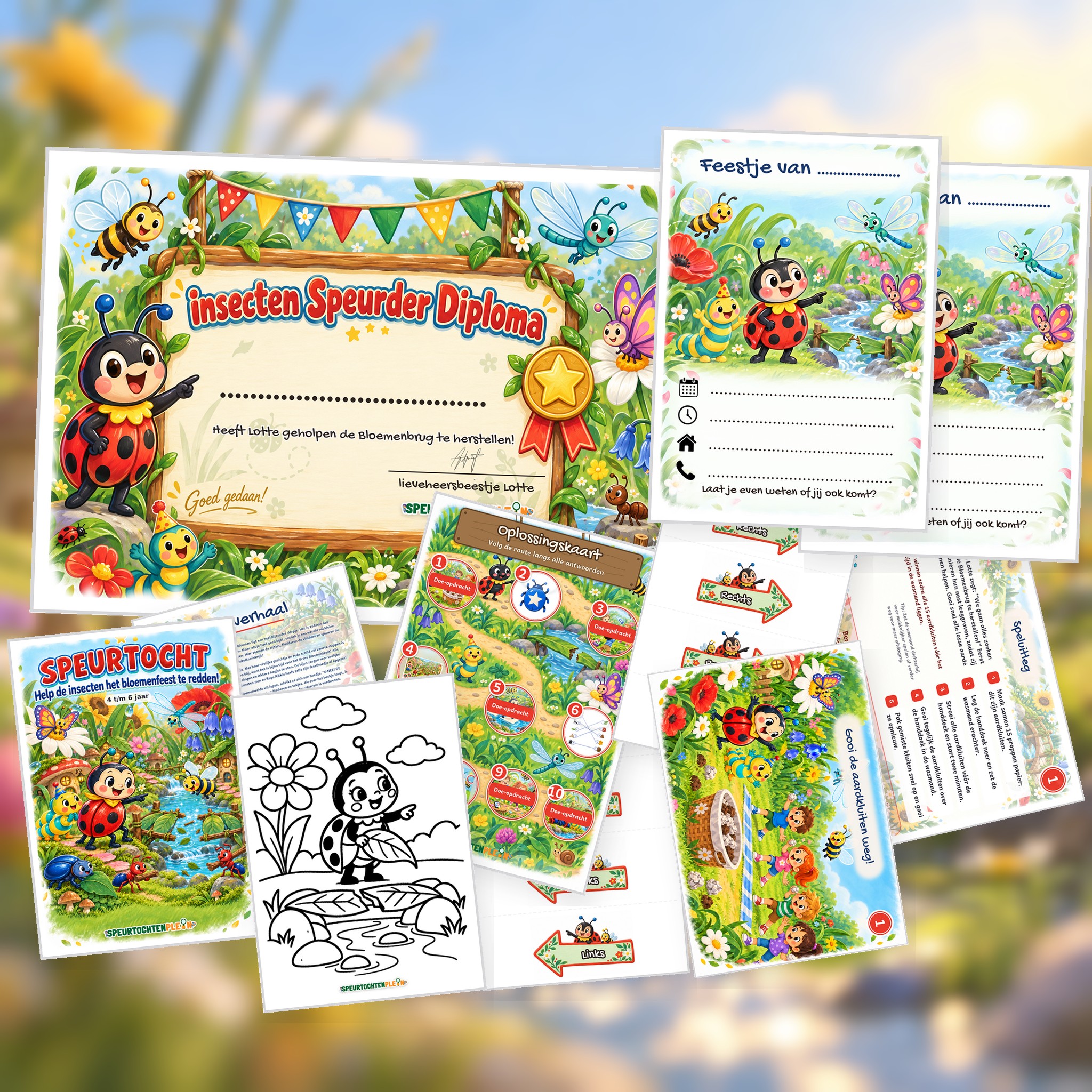 Overzicht van de insecten Speurtocht met voorblad, verhaal, opdrachtkaart, speluitleg, uitnodigingen, oplossingskaart, kleurplaat, pijlen en diploma