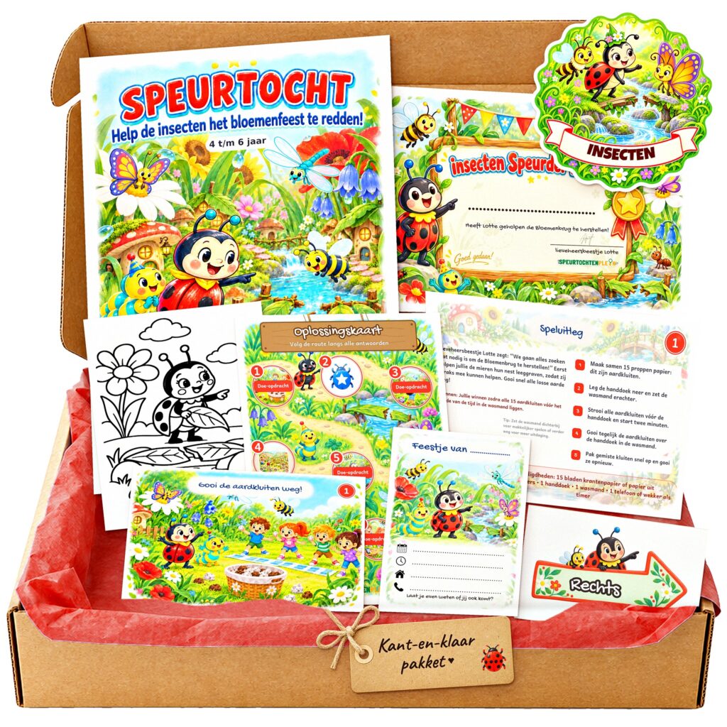 Complete insecten Speurtocht voor een kinderfeestje met voorblad, opdrachtkaarten, uitnodigingen, diploma en kleurplaat