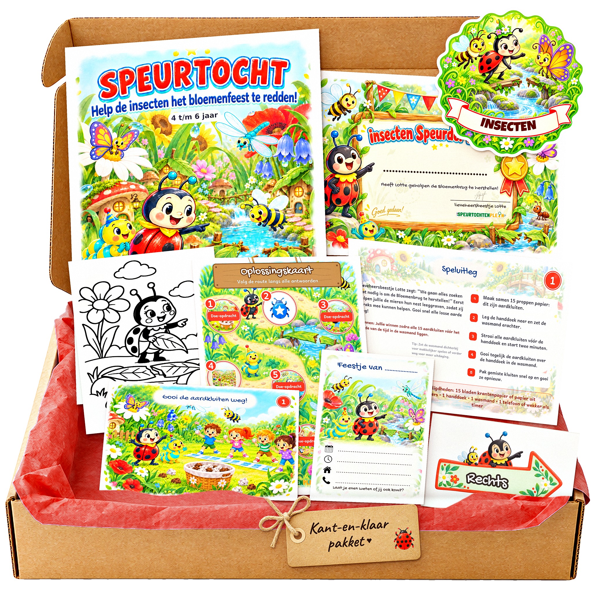 Complete insecten Speurtocht voor een kinderfeestje met voorblad, opdrachtkaarten, uitnodigingen, diploma en kleurplaat