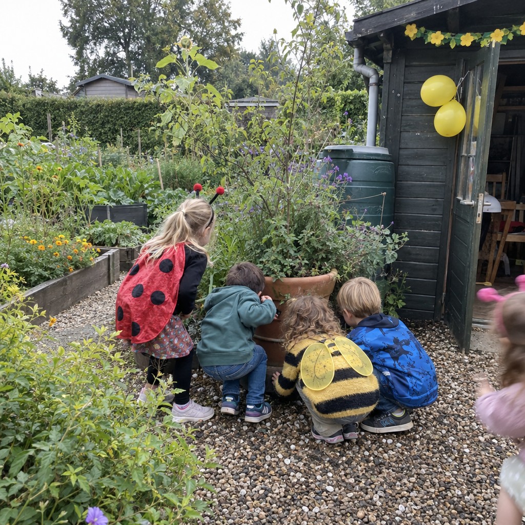 Kinderen op speurtocht tijdens een insecten Speurtocht kinderfeestje