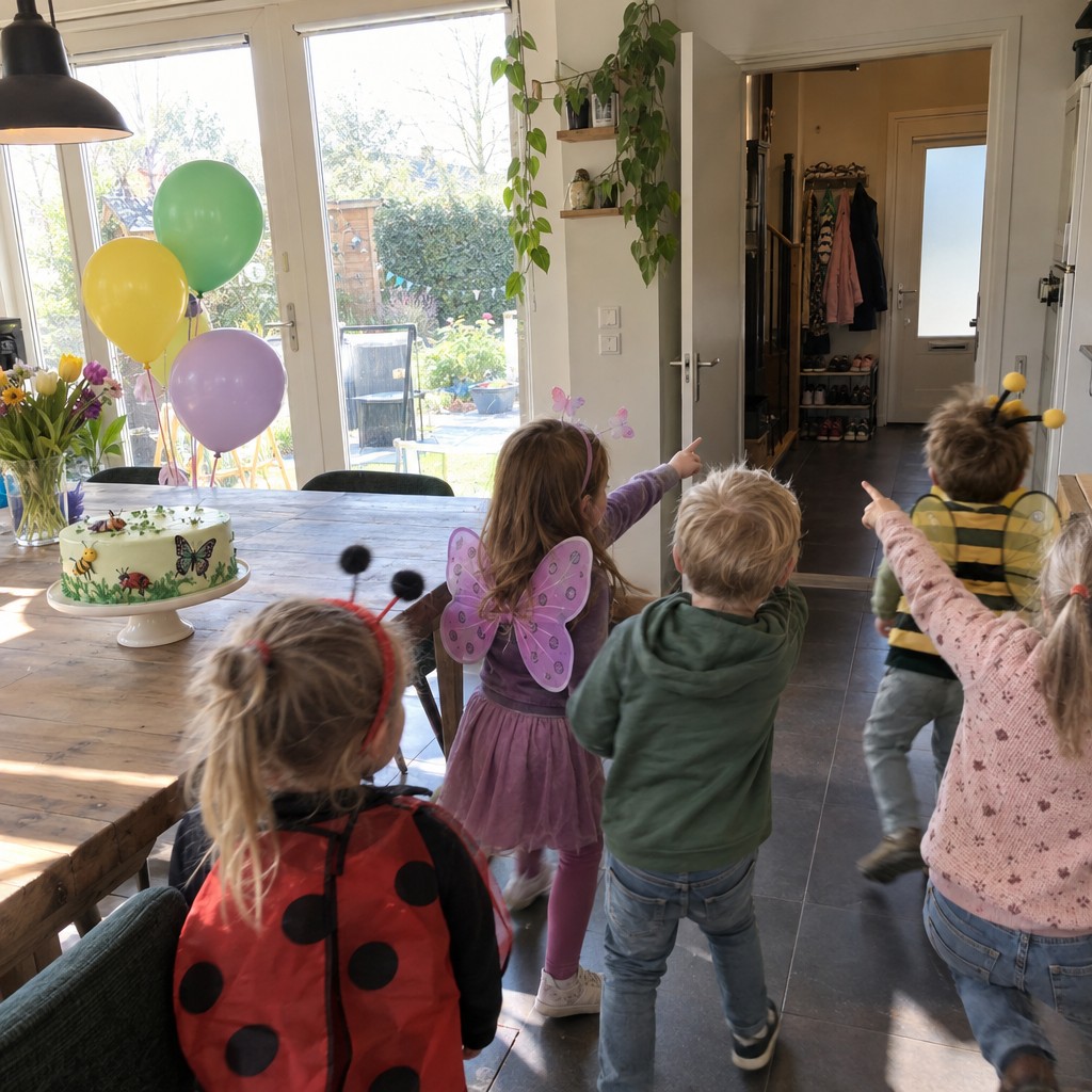 Kinderen zoeken samen naar aanwijzingen bij de insecten Speurtocht