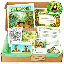 Complete Jungle Speurtocht voor een kinderfeestje met voorblad, opdrachtkaarten, uitnodigingen, diploma en kleurplaat