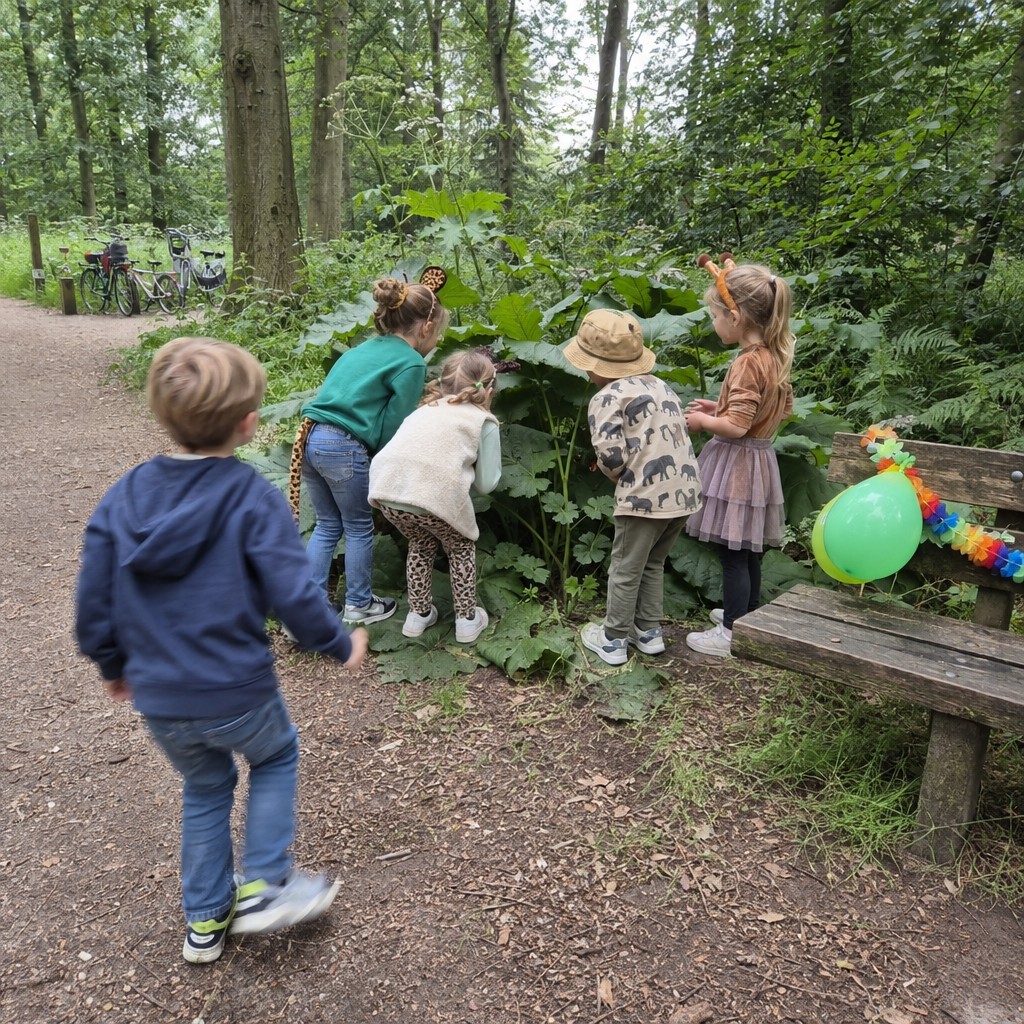 Kinderen op speurtocht tijdens een Jungle Speurtocht kinderfeestje