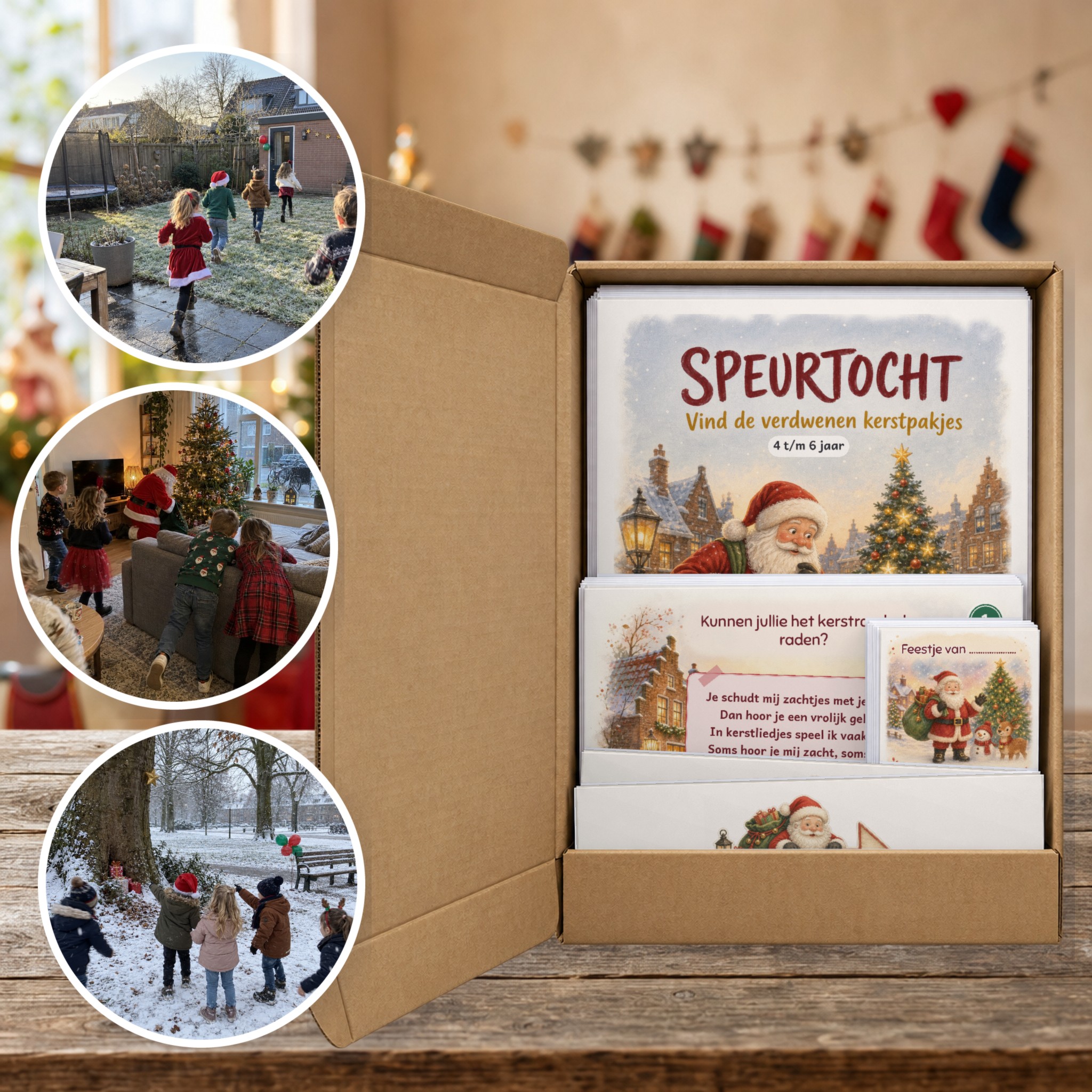 kerst Speurtocht als brievenbuspakket, met foto's van kinderen op speurtocht