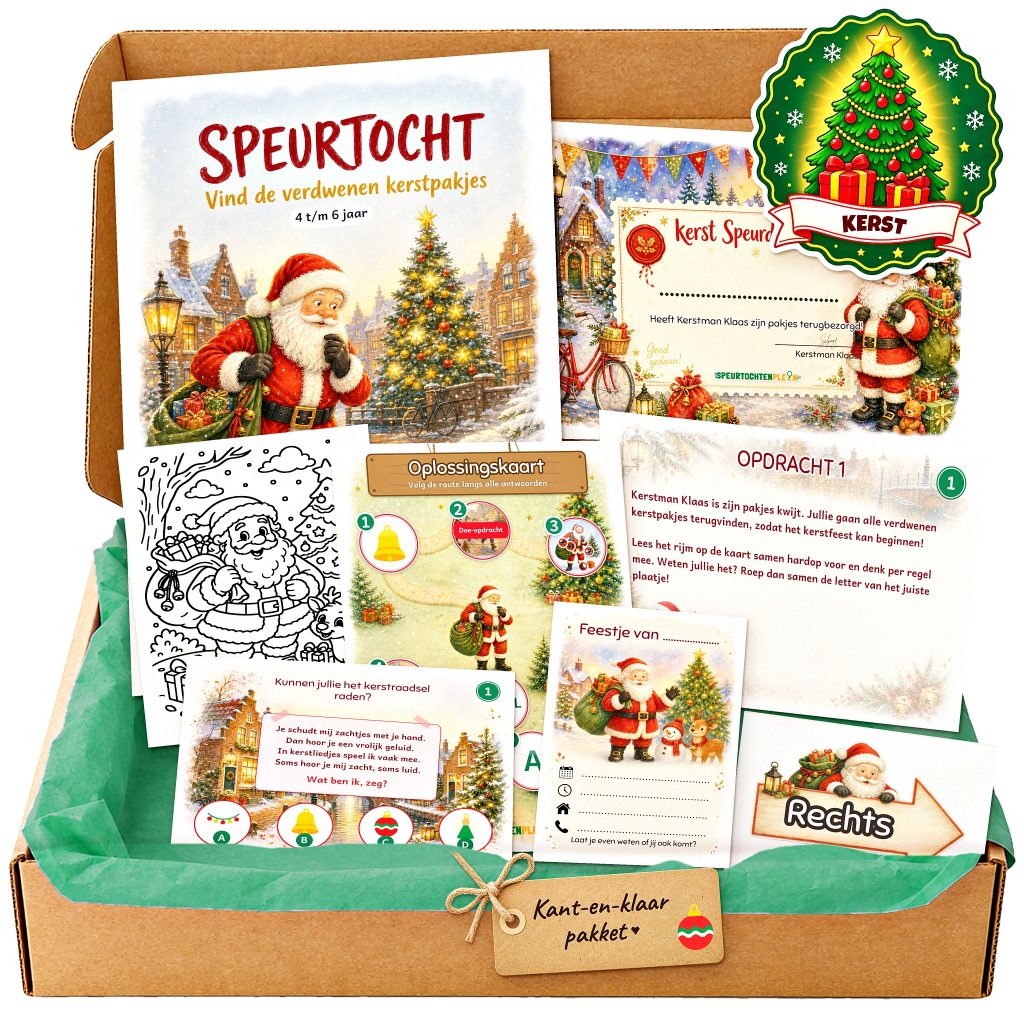 Complete kerst Speurtocht voor een kinderfeestje met voorblad, opdrachtkaarten, uitnodigingen, diploma en kleurplaat