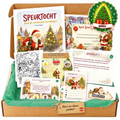 Complete kerst Speurtocht voor een kinderfeestje met voorblad, opdrachtkaarten, uitnodigingen, diploma en kleurplaat