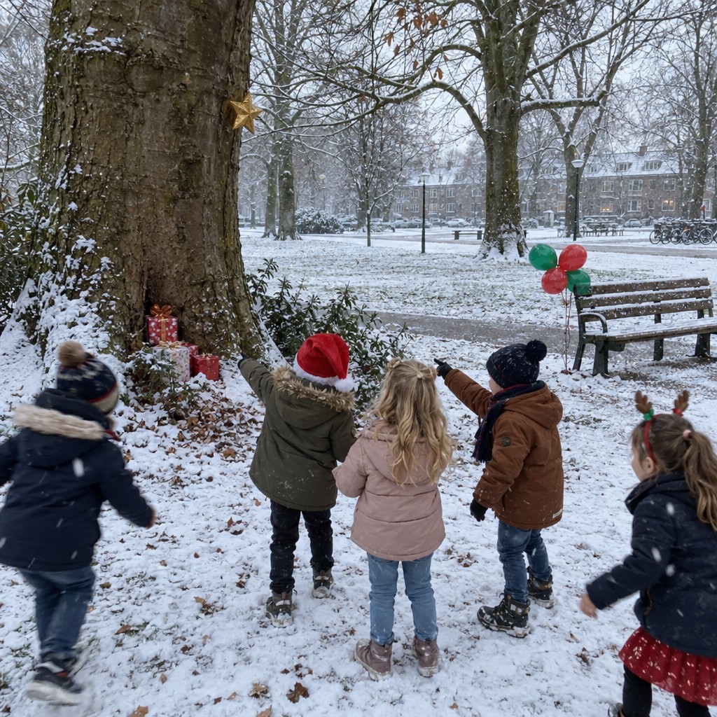 Blije kinderen hebben de schat gevonden bij de kerst Speurtocht