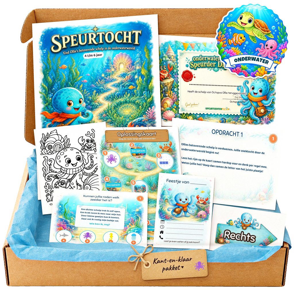 Complete onderwaterwereld Speurtocht voor een kinderfeestje met voorblad, opdrachtkaarten, uitnodigingen, diploma en kleurplaat
